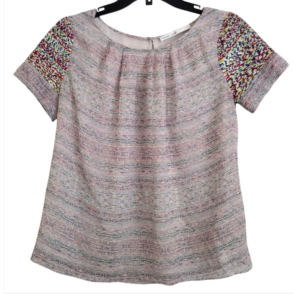 Peter Som Multicolor Silk Short Sleeve Top With Sequins Size 10